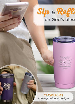 Christian Art Gifts Stainless Steel Double-Wall Vacuum Insulated Travel Mug 18 oz Pink Tumbler with Lid for Women Inspirational Bible Verse - Trust in the Lord - Proverbs 3:5