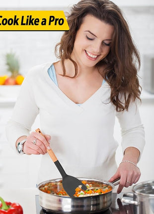 Pack of 4 Silicone Cooking Utensils Set, Non Stick Solid Spatulas and Heat Resistant Slotted Spoons with Wooden Handle, Ideal Wood Kitchen Utensils Set for Frying,Serving,Turning,Stirring (BLACK)