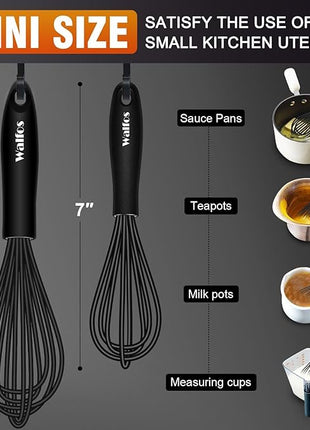 Walfos Silicone Whisk,7+9in Mini Whisk,BPA Free,Small Whisks for Non-Scratch,Heat Resistant (450°F) Nice for stirring individual eggs and mixing small amounts of powder and sauce.Dishwasher Safe.Black