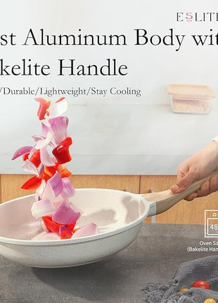 ESLITE LIFE Nonstick Ceramic Frying Pans Skillets Set with Lids, Non-Toxic Egg Omelette Kitchen Cooking Pans Compatible with All Stovetops (Gas, Electric & Induction), PTFE & PFOA Free (White)