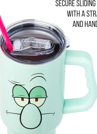Silver Buffalo SpongeBob SquarePants Stainless Steel Tumbler with Handle Featuring Squidward, Fits in Standard Cup Holder, 40 Ounces