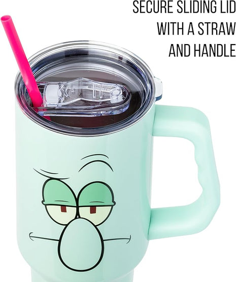 Silver Buffalo SpongeBob SquarePants Stainless Steel Tumbler with Handle Featuring Squidward, Fits in Standard Cup Holder, 40 Ounces