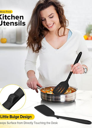Pack of 2 Silicone Spatula Turners, Non Stick Slotted Kitchen Spatula Set, Heat Resistant BPA Free Kitchen Utensils, One-Piece Design, Suitable for Flipping Fish, Eggs, Steak, Pancakes(BLACK)