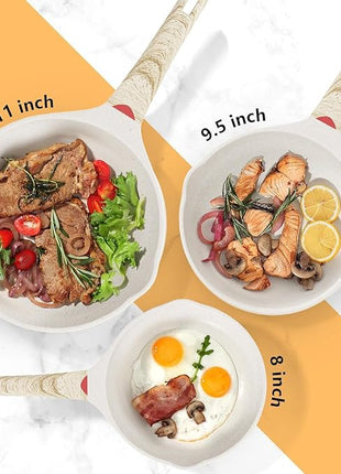 Caannasweis Nonstick Granite Frying Pan Skillet, Non Stick Omelette Fry Pans, Omelet Egg Pan, Stone Cookware Chef's Pan, Induction Compatible, PFOA Free (Beige, 3 Pcs)