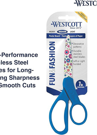 Westcott Fun and Fashionable Student Scissors for Ages 12+, Stainless Steel Floral-Printed Blades, Back-to-School, School Supplies, Classroom Supplies, 7-Inch