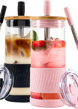 Pandaloo® Glass Cups With Lids and Straws -20 Fl Oz- Perfect Size Iced Coffee Cup - Smoothie Cup With Bamboo Lid and On the go Lid - Glass Tumbler (2 Count (Pack of 1), Black Saphir-Tender Pink)