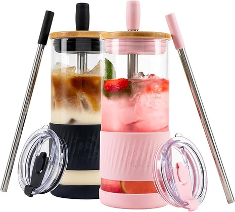 Pandaloo® Glass Cups With Lids and Straws -20 Fl Oz- Perfect Size Iced Coffee Cup - Smoothie Cup With Bamboo Lid and On the go Lid - Glass Tumbler (2 Count (Pack of 1), Black Saphir-Tender Pink)