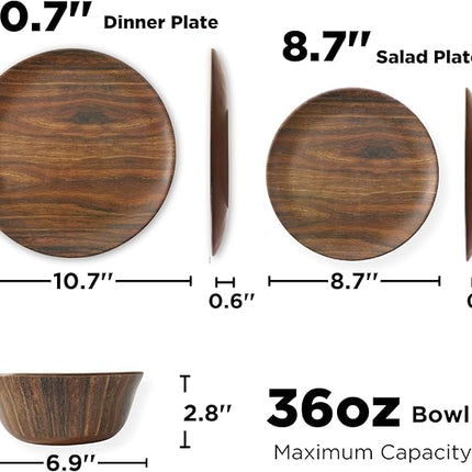 TP 18-Piece Dinnerware Set, Melamine Dishes Set with Bowls and Plates, Service for 6, Non-breakable Lightweight Dining Tableware, Rosewood Grain
