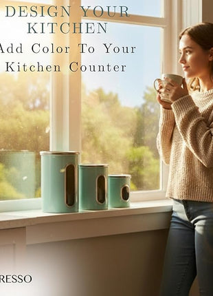 Mixpresso 3-Piece Aqua Blue Canisters Sets For The Kitchen, Airtight Canister Set With See Through Window, Storage Jars for Coffee Container, Tea Organizer & Sugar Canister, Kitchen Canisters