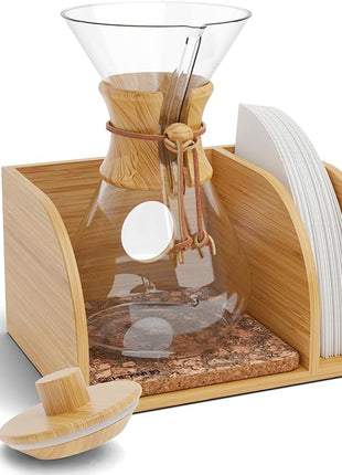 HEXNUB – Caddy and Lid for Pour Over Coffee Maker, Bamboo Stand fits Chemex, Bodum, Cosori Coffee Carafes, Heatproof Mat, Filter Holder for Drip Coffee Maker - Cork Mat