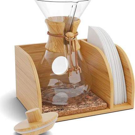 HEXNUB – Caddy and Lid for Pour Over Coffee Maker, Bamboo Stand fits Chemex, Bodum, Cosori Coffee Carafes, Heatproof Mat, Filter Holder for Drip Coffee Maker - Cork Mat