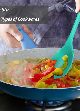 Silicone Spoons for Cooking - Extra Large Kitchen Spoons for Mixing, Serving, & Stirring - 600°F Heat-Resistant Non Stick Utensils Ladle & Skimmer- Dishwasher Safe, Teal