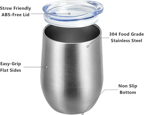 MEWAY 12oz/12 Pack Wine Tumbler Glasses with Lid -Double Wall Vacuum Stainless Steel Travel Tumbler Mug,Stemless Insulated Wine Cup for,Coffee,Cocktails,Gifts (Silver,Set of 12)
