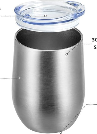 MEWAY 12oz/8 Pack Wine Tumbler Glasses with Lid - Stemless Double Wall Vacuum Stainless Steel Travel Tumbler - Keeping Cold & Hot for Wine,Coffee,Cocktails,Drinks-Family and Gifts (Silver,Set of 8)