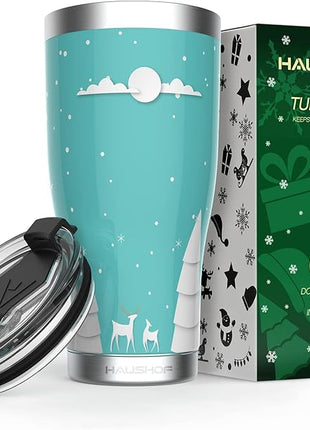 HAUSHOF 20oz Christmas Tumbler, Stainless Steel and Double Wall Insulated Travel Coffee Mug with Lid, Good Choice for Christsmas Gifts-Teal with Christmas Tree