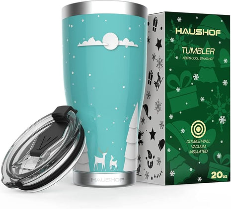 HAUSHOF 20oz Christmas Tumbler, Stainless Steel and Double Wall Insulated Travel Coffee Mug with Lid, Good Choice for Christsmas Gifts-Teal with Christmas Tree