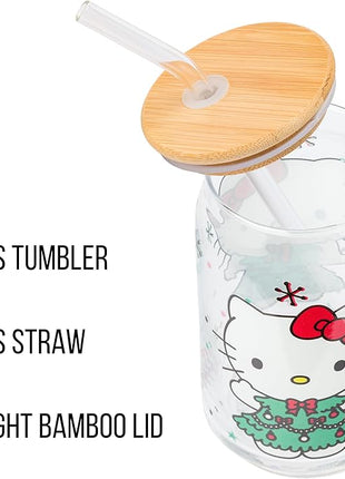 Silver Buffalo Sanrio Hello Kitty Holiday Glass Tumbler with Bamboo Lid and Glass Straw, 16 Ounces