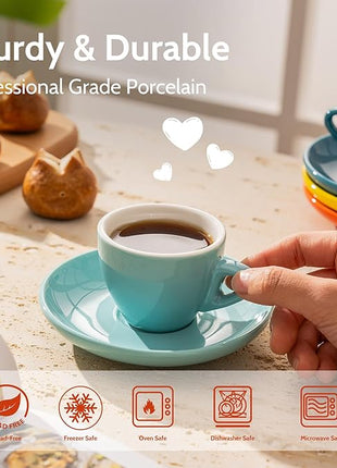 Sweese 2 Ounce Espresso Cups with Saucers, Porcelain Espresso Cups Set of 6 - Hot Assorted Colors