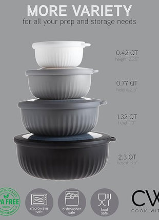 COOK WITH COLOR Prep Bowls with Lids- Wide and Deep Nesting Plastic Small Mixing Bowl Set with Lids, 8 Piece Set - Wide Bowls, Black/White