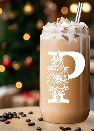 Coolife Initial Glass Cup, Monogrammed Gifts for Women, 16 oz Glass Cups w/Lids Straws, Iced Coffee Smoothie Beer Tumbler w/Straw Lid - Personalized Christmas, Birthday Gifts for Her Mom Friend Woman
