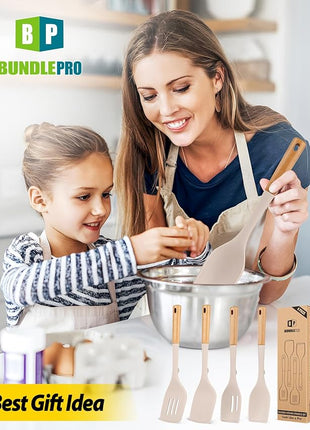 Pack of 4 Silicone Kitchen Utensils Set, Non Stick Solid Spatulas and Heat Resistant Slotted Spoons with Wooden Handle, Ideal BPA Free Cooking Utensils for Mixing,Serving,Turning,Stirring(KHAKI)