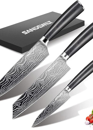 3 Piece Japanese Knife Set,Ultra Sharp Chef Knife Kitchen Cooking Knife Paring Knife German High Carbon Stainless Steel with Sheaths Wooden Handle for Home Outdoor Gift Idea