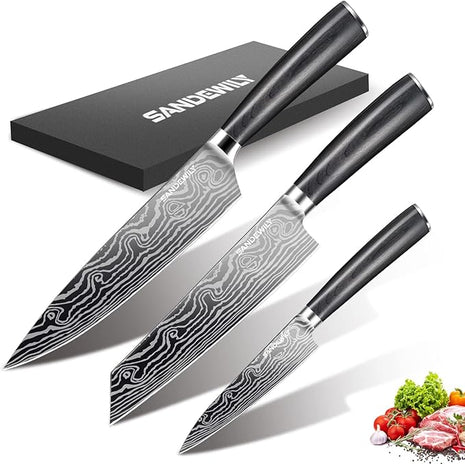 3 Piece Japanese Knife Set,Ultra Sharp Chef Knife Kitchen Cooking Knife Paring Knife German High Carbon Stainless Steel with Sheaths Wooden Handle for Home Outdoor Gift Idea