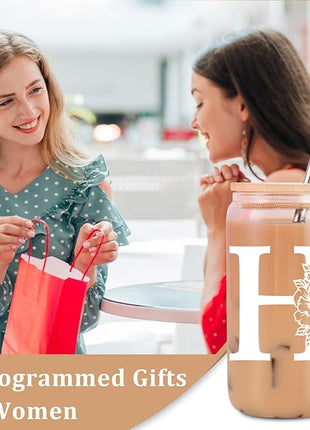 Coolife Initial Glass Cup, Monogrammed Gifts for Women, 16 oz Glass Cups w/Lids Straws, Iced Coffee Smoothie Beer Tumbler w/Straw Lid - Personalized Christmas, Birthday Gifts for Her Mom Friend Woman