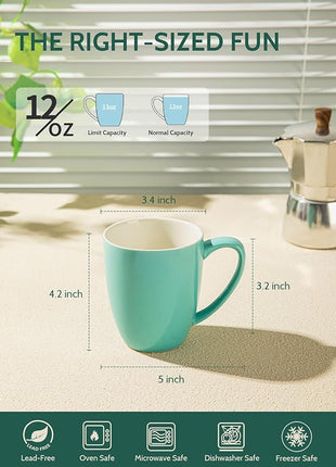 Sweese Porcelain Coffee Mugs - 12 Ounce - Set of 6, Cups for Latte, Hot Tea, Cappuccino, Mocha, Cocoa, Multicolor, Blue Assorted Colors