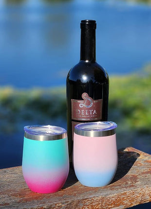 CHILLOUT LIFE 12 oz Stainless Steel Wine Tumbler with Lid - Double Wall Vacuum Insulated Wine Cup Glass Keeping Cold & Hot for Coffee, Champagne, Cocktails, Ice Cream - Powder Coated Pink/Teal