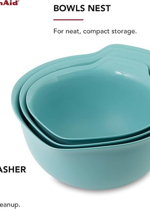 KitchenAid Universal Nesting Plastic Mixing Bowls with Non Slip Base and Pour Spout, Dishwasher Safe, Set Of 3, 2.5 quart, 3.5 quart and 4.5 quart, Aqua Sky