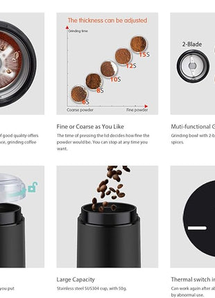 DR MILLS DM-7441 Coffee Grinder Electric, Coffee Bean and Dried Spice Grinder, One Touch Operation, Blade and Cup Made with SUS304 Stainless Steel (Black)