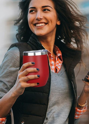 MEZMUT 12 Oz Insulated Wine Tumbler with Lid Double Wall Vacuum Stainless Steel Wine Glass Coffee Mug Insulated Tumbler Cup for Champaign, Cocktail, Beer (Red, 1 Pack)