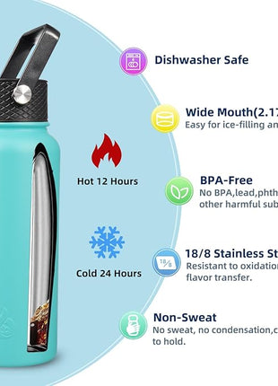 BJPKPK Insulated Water Bottles with Straw Lid, 32oz Metal Large Water Bottle with 3 Lids, Reusable Leak Proof BPA Free Thermo, Stainless Steel Tumblers for Sports, Gym, Travel-Turquoise