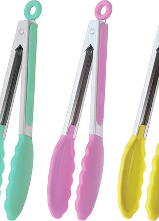 Stainless Steel Kitchen Cooking Tongs with Silicone Tips 9-Inch Serving Tongs, Set of 3 (Mint Pink Yellow)