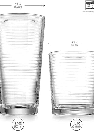 Glaver's Drinking Glasses Set of 12. Everyday Drinking Glasses. Mixed Drinkware Sets 6-17 oz Tall Kitchen Glass Cups, and 6-13 Oz Rocks Glasses. Ribbed Glassware Sets for Cocktail Beer Juice Water.