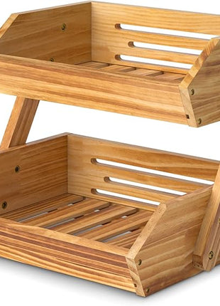 2 Tier Wooden Fruit Basket For Kitchen, Bread Vegetable Fruit Basket Bowl Stand, Farmhouse Fruit Bowl for Countertop, Large