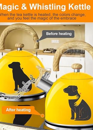 ARC Stainless Steel 2-Quart Whistling Yellow Tea Kettle with Magic Color Changing Design, Stovetop Teapot With Folding Cup & Trivet Mat