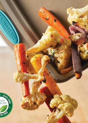 Rachael Ray Cucina Nonstick Bakeware Set with Grips, Nonstick Cookie Sheet / Baking Sheet and Crisper Pan - 2 Piece, Latte Brown with Agave Blue Handle Grips