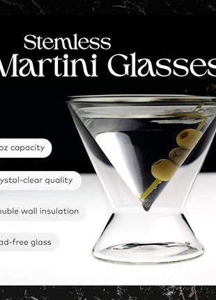 Dragon Glassware Stemless Martini Glasses - 7 oz Clear Set of 2 - Double Wall Insulated Cocktail Glass Set - Unique and Fun Gift for Espresso Martini Lovers