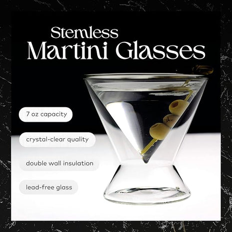 Dragon Glassware Stemless Martini Glasses - 7 oz Clear Set of 2 - Double Wall Insulated Cocktail Glass Set - Unique and Fun Gift for Espresso Martini Lovers