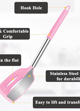 Silicone Spatula Spoon Set, 4 PCS Silicone Cooking Utensils Spatula Spoon Set with Stainless Steel Handle, BPA Free Kitchen Turners for Frying, Mixing, Serving, Draining, Turning, Stirring, Pink