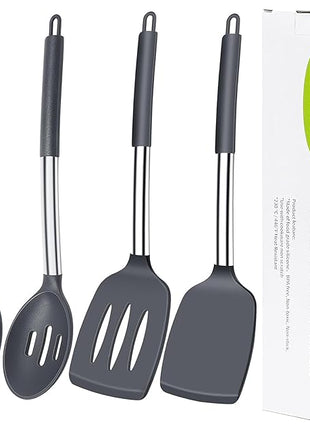 Silicone Spatula Spoon Set, 4 PCS Silicone Cooking Utensils Spatula Spoon Set with Stainless Steel Handle, BPA Free Kitchen Turners for Frying, Mixing, Serving, Draining, Turning, Stirring, Grey