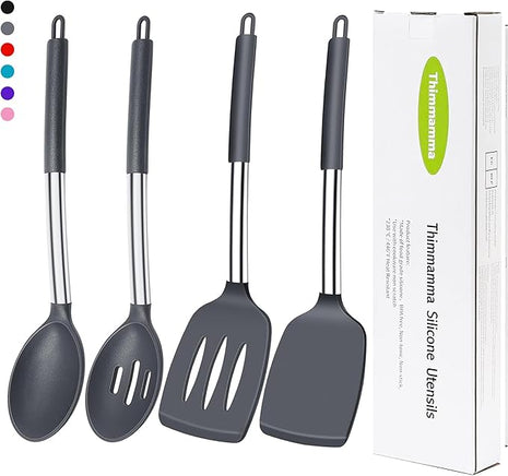 Silicone Spatula Spoon Set, 4 PCS Silicone Cooking Utensils Spatula Spoon Set with Stainless Steel Handle, BPA Free Kitchen Turners for Frying, Mixing, Serving, Draining, Turning, Stirring, Grey