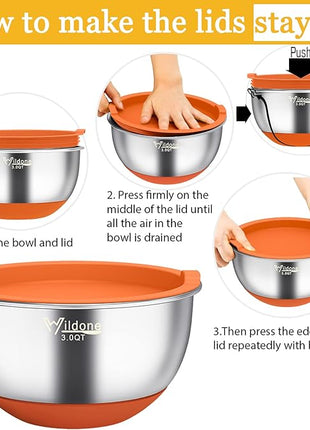 Wildone Mixing Bowls with Airtight Lids, 22 PCS Stainless Steel Mixing Bowls Set, 3 Grater Attachments, Measurement Marks & Non-Slip Bottom, Size 5, 4, 3, 2,1.5, 0.63QT, Ideal for Mixing & Prepping
