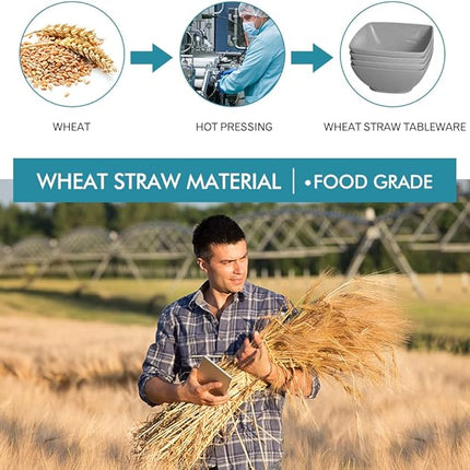 Teivio 32-piece Plastic Wheat Straw Square Dinnerware Set for 8, Unbreakable Dinner Plates, Salad Plates, Snack Bowls, Tumblers 20 oz, Dishwasher Safe, Grey