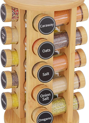 New England Stories Revolving Spice Rack Set with 20 Spice Jars, Kitchen Spice Tower Organizer for Countertop or Cabinet - Carousel Storage Includes 386 Spice Labels (Bamboo)