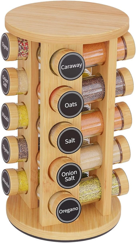 New England Stories Revolving Spice Rack Set with 20 Spice Jars, Kitchen Spice Tower Organizer for Countertop or Cabinet - Carousel Storage Includes 386 Spice Labels (Bamboo)