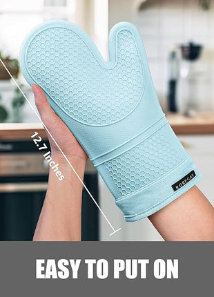 Rorecay 6pcs Oven Mitts and Pot Holders Sets, Extra Long Silicone Oven Gloves Heat Resistant 500 Degrees Non-Slip Potholders Hot Pads for Kitchen Baking Cooking, Quilted Liner, Winter Sky