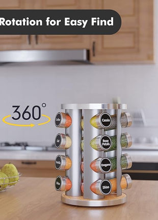 New England Stories Revolving Spice Rack Set with 16 Spice Jars, Kitchen Spice Tower Organizer for Countertop or Cabinet - Carousel Storage Includes 386 Spice Labels